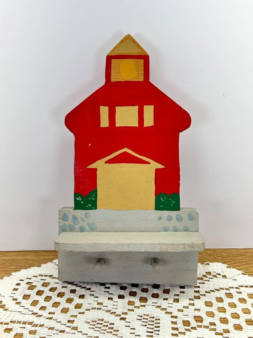 Vintage Folk Art Wooden Schoolhouse Key Holder Wall Rack Peg Rack Rustic